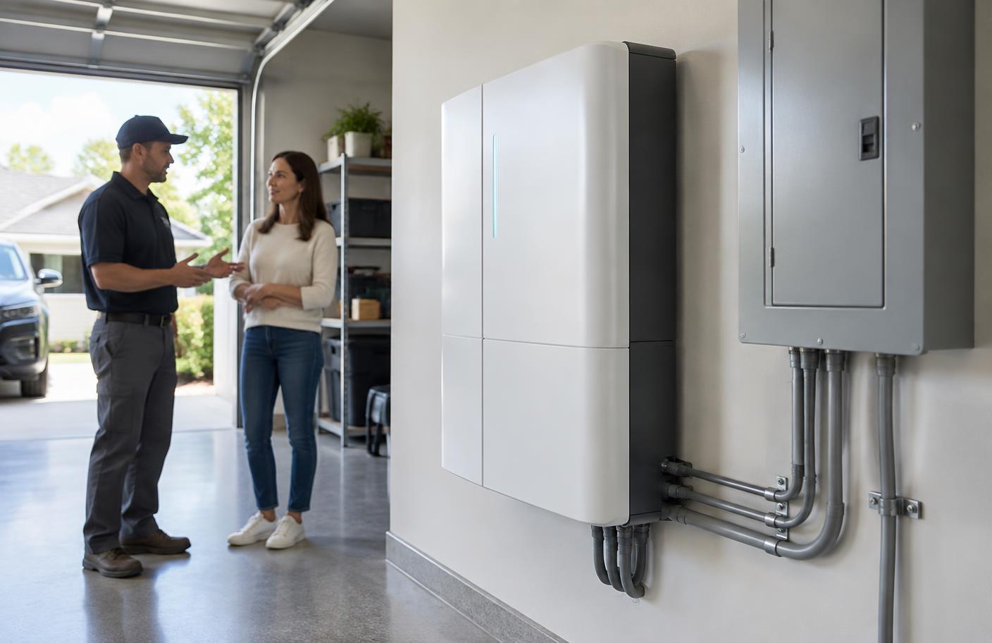 Home battery storage system installed in a residential garage
