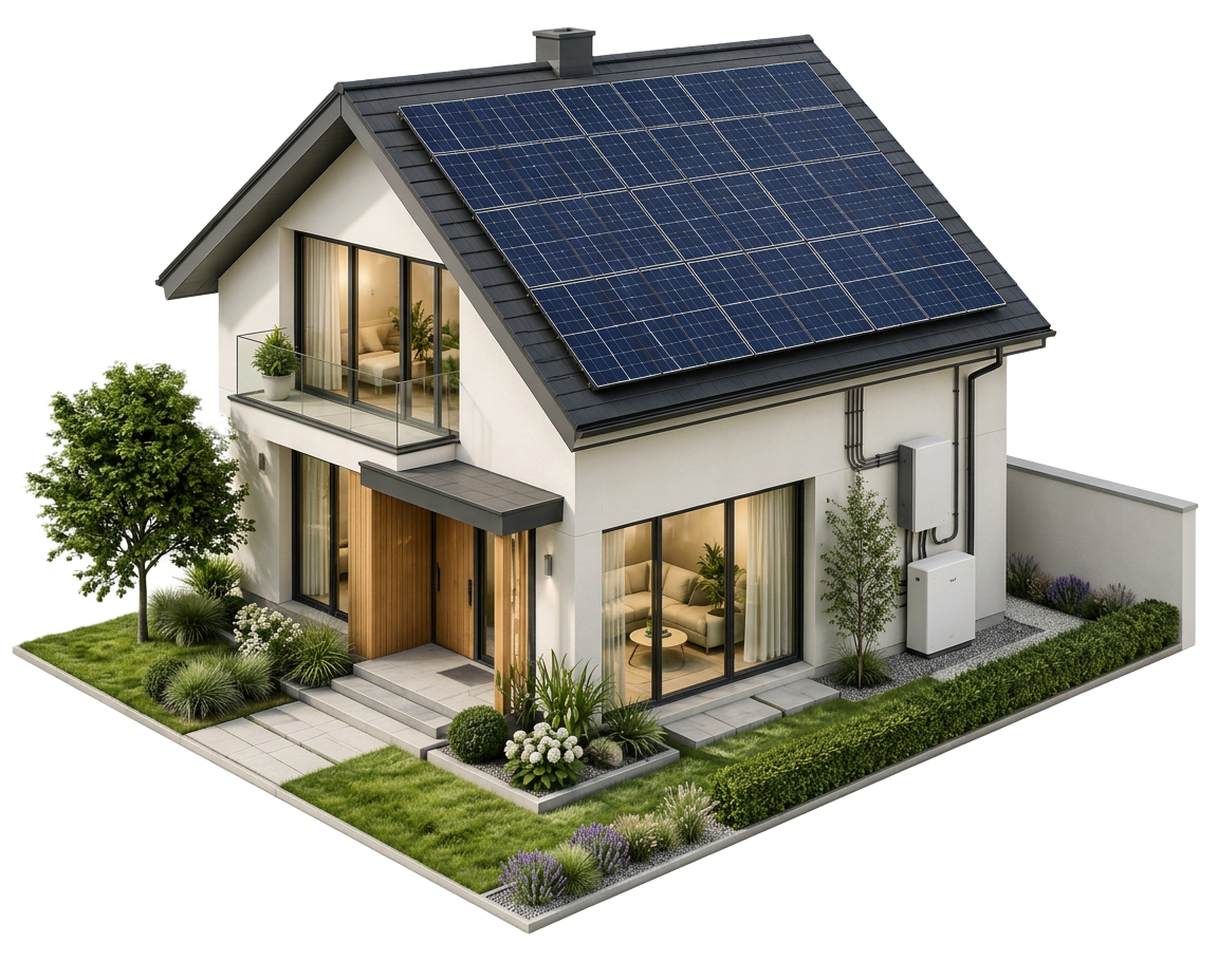Complete isometric solar home with rooftop panels, battery equipment, and finished landscaping